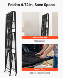 4-Tier Foldable Storage Shelf, 36W X 21D X 60H Inch Folding Metal Rack Shelving Unit, No Assembly Organizer Shelf With 5 Wheels & 4 Hooks For Pantry, Kitchen, Garage, Basement, Black