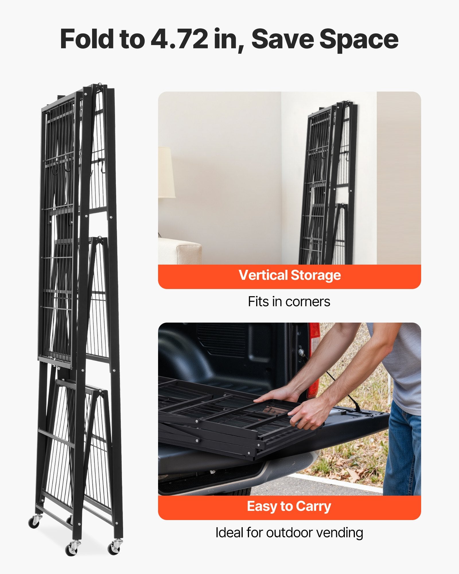 4-Tier Foldable Storage Shelf, 36W X 21D X 60H Inch Folding Metal Rack Shelving Unit, No Assembly Organizer Shelf With 5 Wheels & 4 Hooks For Pantry, Kitchen, Garage, Basement, Black