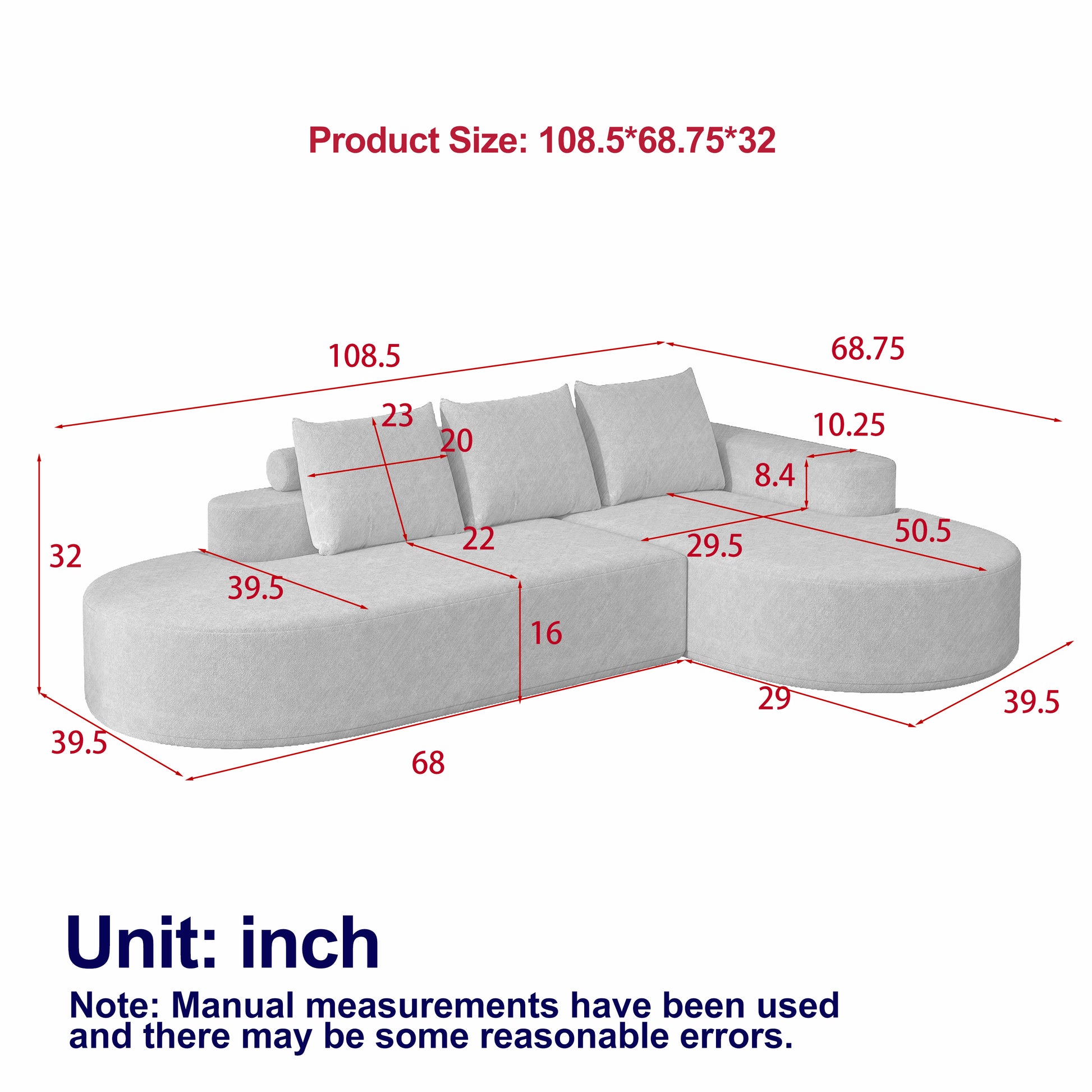 Modern Curved Sofa ,Chenille Upholstered Sectional Sofa Couch Set,Modular 108.5 L Shaped Sectional Living Room Sofa Set With 3 Pillows,Free Combination Sofa Couch For Living Room,Bedroom