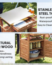 Outdoor Grill Cart with Stainless Steel Top, Solid Wood Outdoor Kitchen Island with Wheels, Drawer, Side Handle, Brown