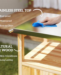 Outdoor Grill Cart W/ Stainless Steel Top, Solid Wood Outdoor Kitchen Island W/ Wheels, Integrated Hole, Natural Wood