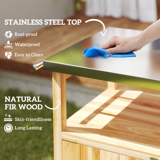 Outdoor Grill Cart W/ Stainless Steel Top, Solid Wood Outdoor Kitchen Island W/ Wheels, Integrated Hole, Natural Wood