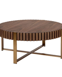 Modern Handcraft Drum Coffee Table 31.5 Inch Round Coffee Table For Living Room,Small Coffee Table With Sturdy Pedestal,Walnut