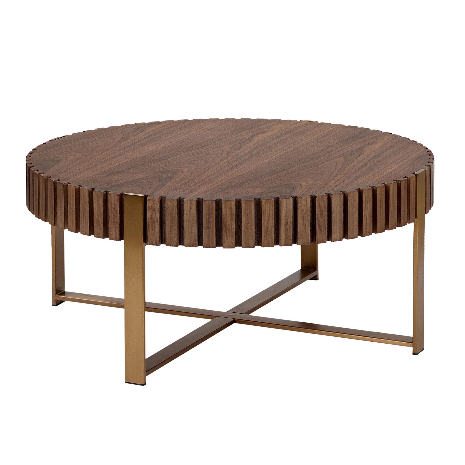 Modern Handcraft Drum Coffee Table 31.5 Inch Round Coffee Table For Living Room,Small Coffee Table With Sturdy Pedestal,Walnut