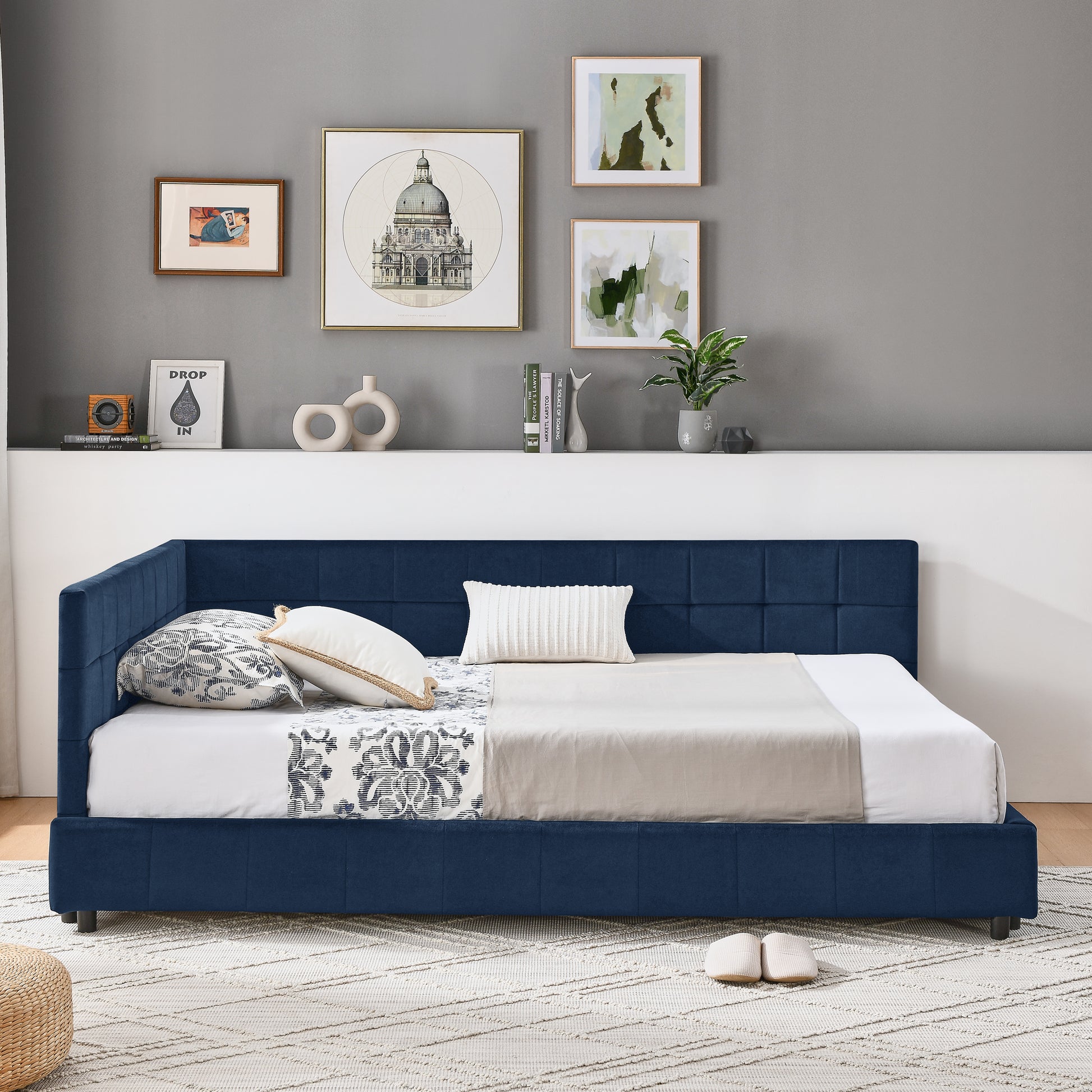 Full Size Upholstered Tufted  Bed Frame, Sofa Bed Frame With Comfortable Backrest And Armrests, Full Size Bed For Bedroom, Living Room,Velvet, Dark Blue 80.5x59x30.5