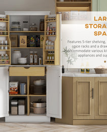 72" Kitchen Pantry Storage Cabinet, Modern Tall Kitchen Cabinet with 5-tier Storage Shelving, 8 Spice Racks, Drawer