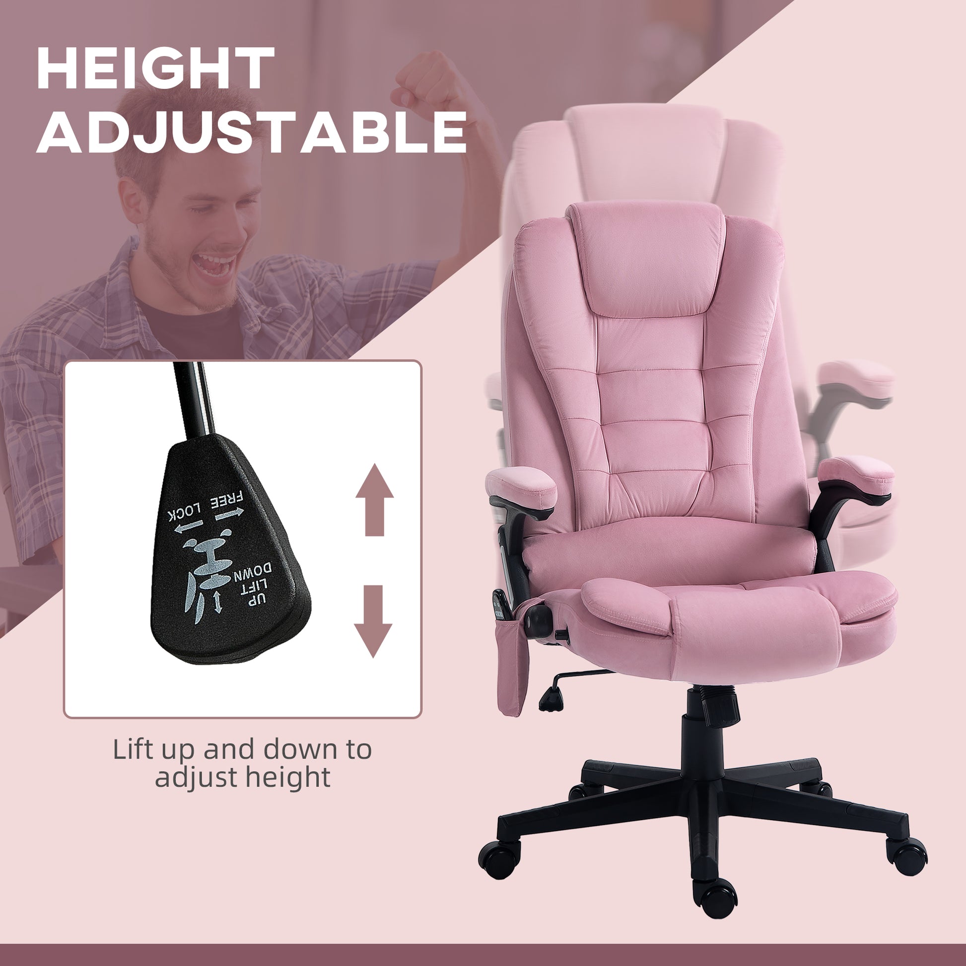 6 Point Executive Office Chair with Heat, Velvet High Back Vibrating Massage Office Chair, Pink