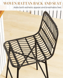 Rattan Counter Bar Stools Set Of 2, 26" Counter Height Barstools With Back, Bar Chairs For Kitchen Island, Black