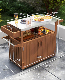 Outdoor Bar Cart with Storage, Stainless Steel Outdoor Bar Table Top, Wheeled HDPE Kitchen Island for Food Prep, Brown