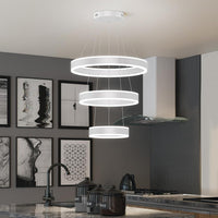 Modern LED Chandeliers Adjustable Hanging White Pendant Light Fixture 3 Ring Flush Mount Chandeliers for Bedroom,Kitchen,Island Cafe