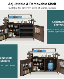 K&K 53.3  Outdoor Kitchen Island With Raised Shelf, Solid Wood Storage Cabinet With Stainless Steel Top, Outdoor Rolling Grill Cart With Internal Storage Rack, Adjustable Shelf, Spice Rack, Brown