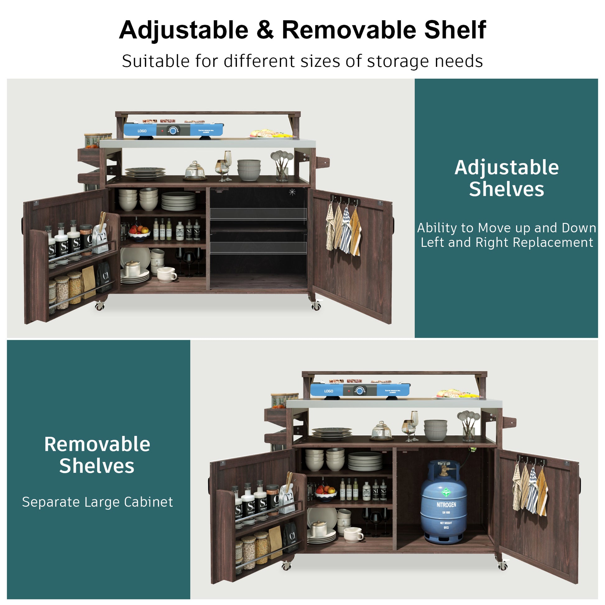 K&K 53.3  Outdoor Kitchen Island With Raised Shelf, Solid Wood Storage Cabinet With Stainless Steel Top, Outdoor Rolling Grill Cart With Internal Storage Rack, Adjustable Shelf, Spice Rack, Brown