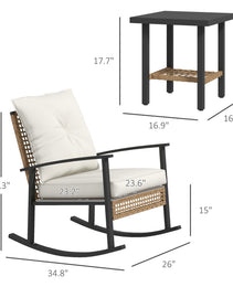 3 Pieces Bistro Set, Patio Wicker Furniture Set with Button Tufted Cushions, Rattan Rocking Chairs, Coffee Table, White