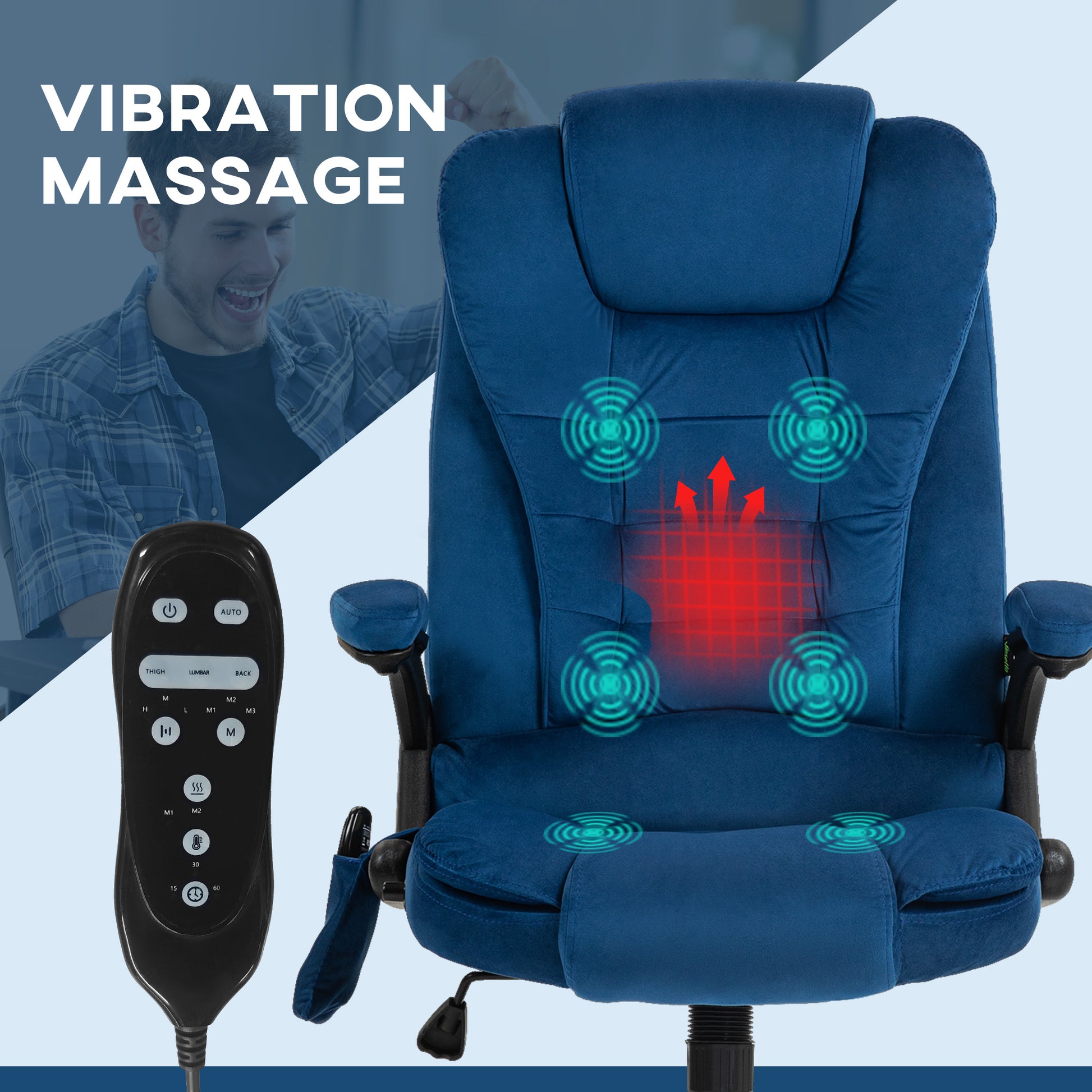 6 Point Executive Office Chair with Heat, Velvet High Back Vibrating Massage Office Chair, Drak Blue