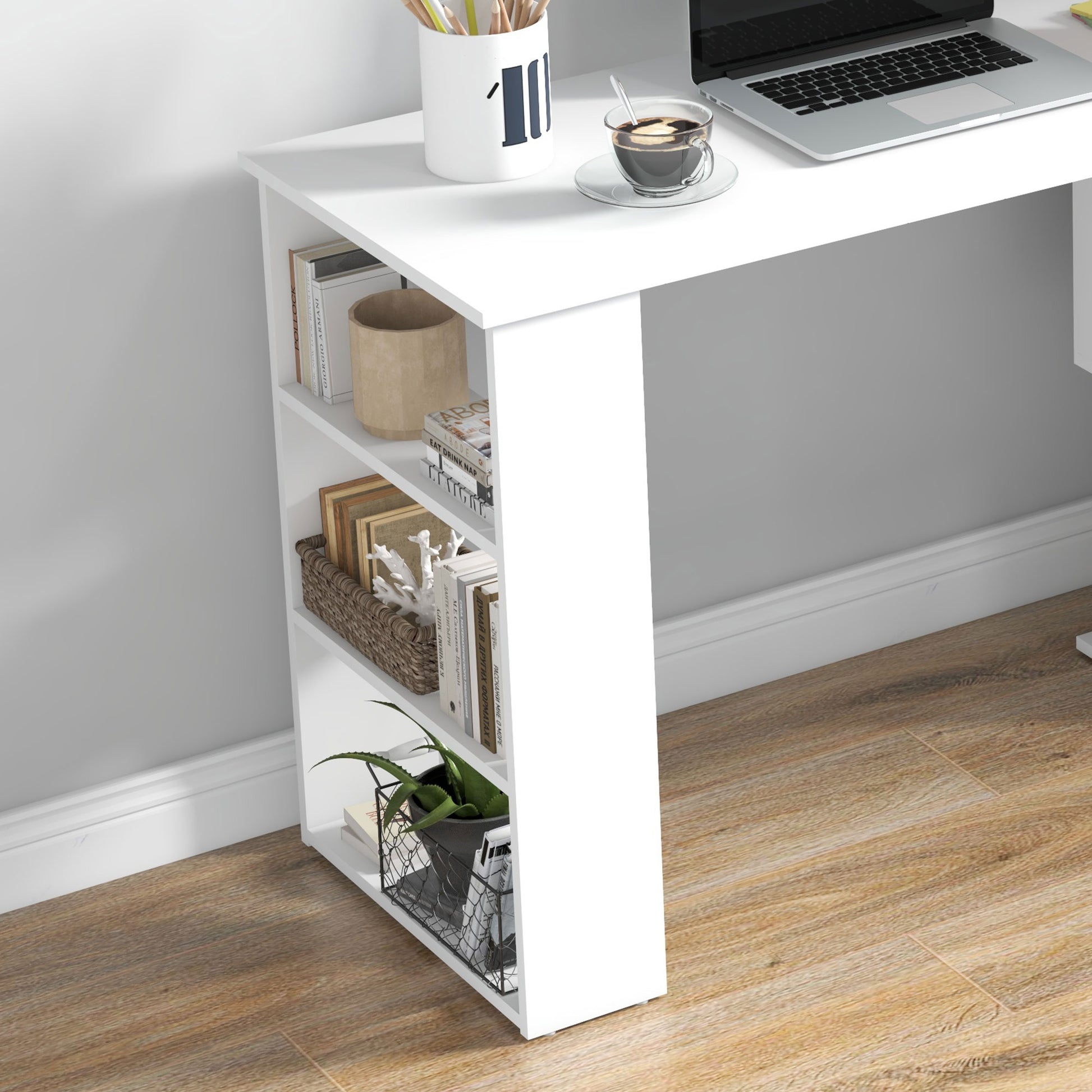 360° Rotating Home Office Desk L Shaped Corner Computer Desk with Storage Shelves, Writing Table Workstation, White