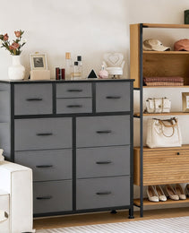 10-Drawer Dresser With Side Pocket & Hooks, Storage Cabinet With Wood Top For Bedroom Closet Organization