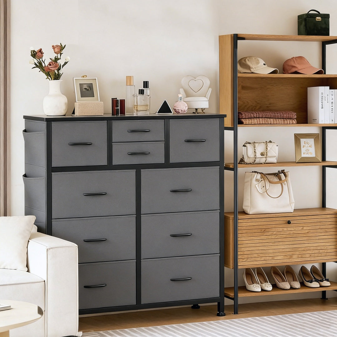 10-Drawer Dresser With Side Pocket & Hooks, Storage Cabinet With Wood Top For Bedroom Closet Organization
