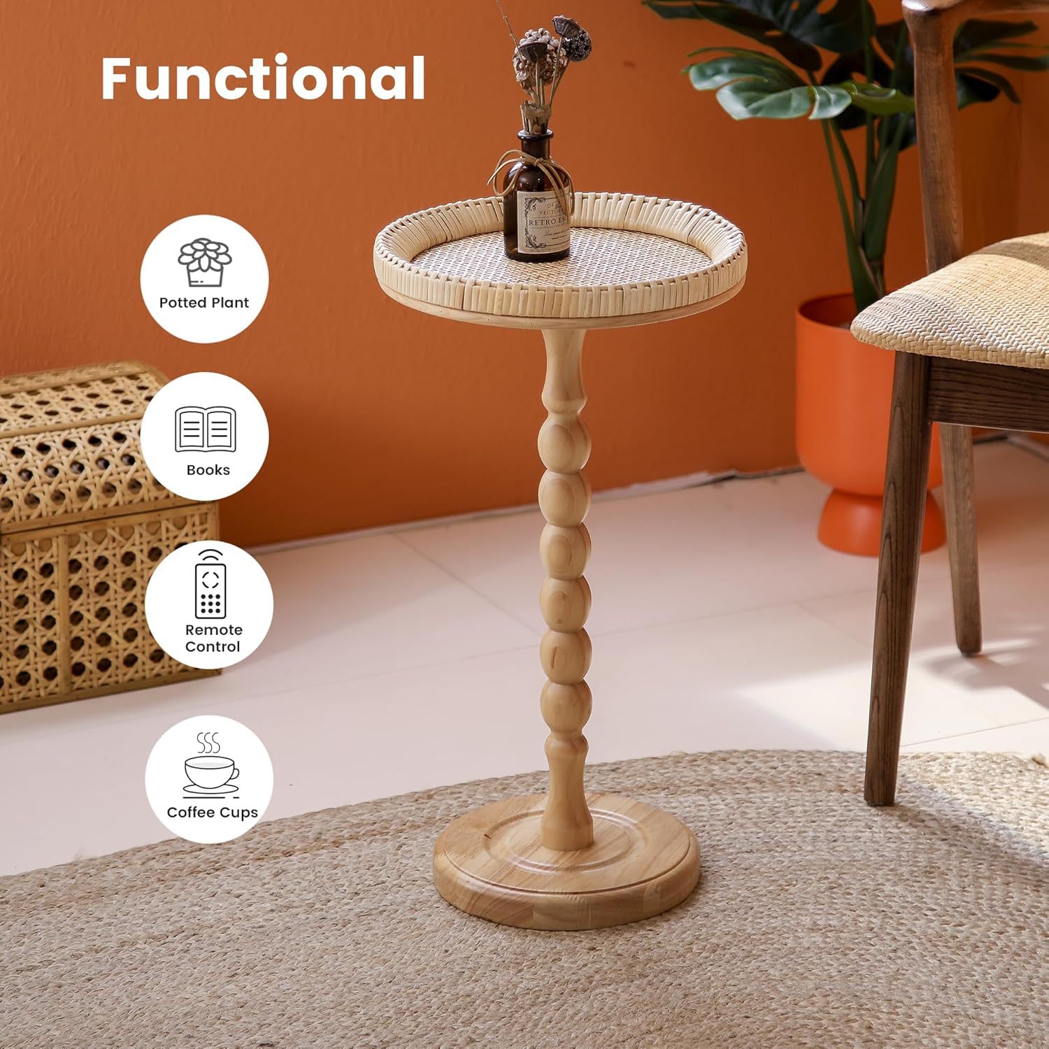 Wooden Coffee Table Round Rattan Side Table Living Room Coffee
