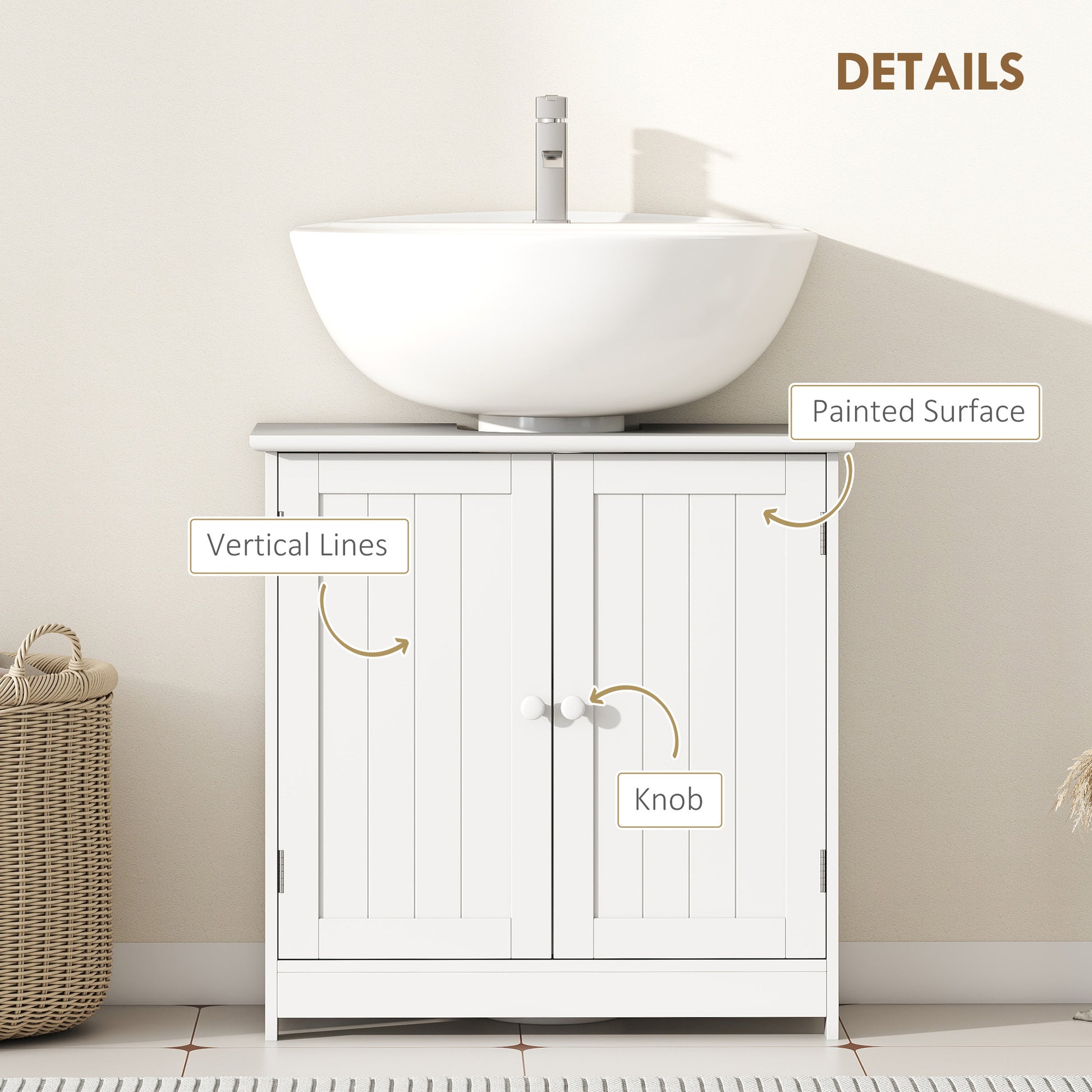 Under Sink Bathroom Cabinet, Pedestal Sink Storage Cabinet with 2 Doors, Shelf and U-Shape, White
