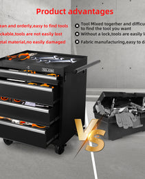 Tool Storage Cabinet And Cart 27Inch Metal Tool Cabinet With 4 Drawer,Rolling Wheel, Ball Bearing Sliders, Black Powder Coating, Suitable For Garage, Warehouse, Workshop
