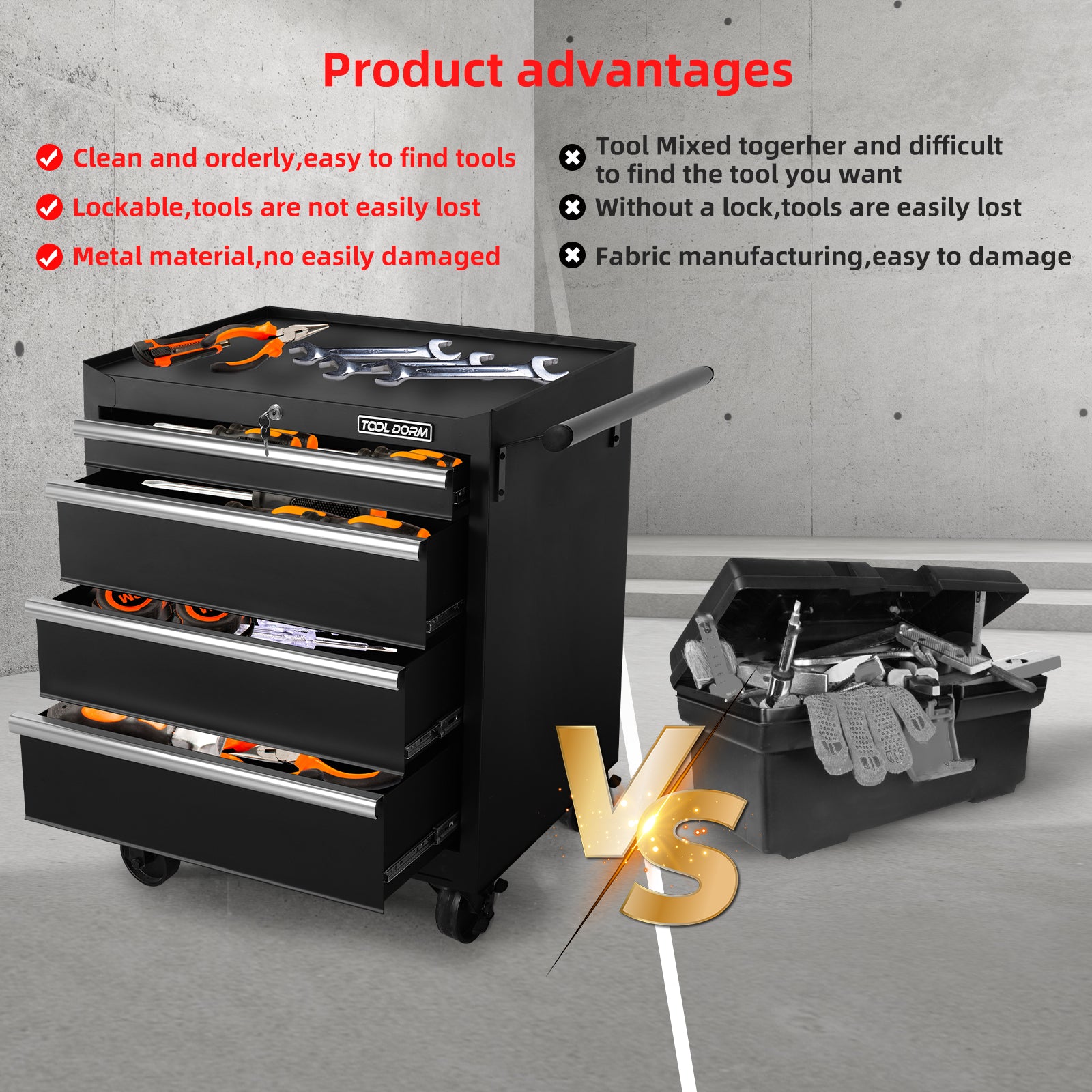 Tool Storage Cabinet And Cart 27Inch Metal Tool Cabinet With 4 Drawer,Rolling Wheel, Ball Bearing Sliders, Black Powder Coating, Suitable For Garage, Warehouse, Workshop
