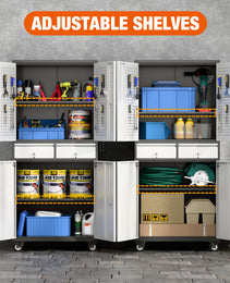 Aobabo Metal Storage Cabinet With Locking Doors And Pegboards, Steel Rolling Tool Storage Cabinet With 2 Drawer And 2 Adjustable Shelves For Garage, Kitchen, Office, Assembly Required, Black Grey