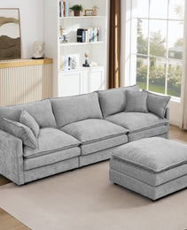 Modular Sectional Sofa, 102 Inch L Shaped Couch Set For Living Room, 3-Seater Comfy Cloud Couches With Movable Ottoman, DIY Combination, Chenille, Grey