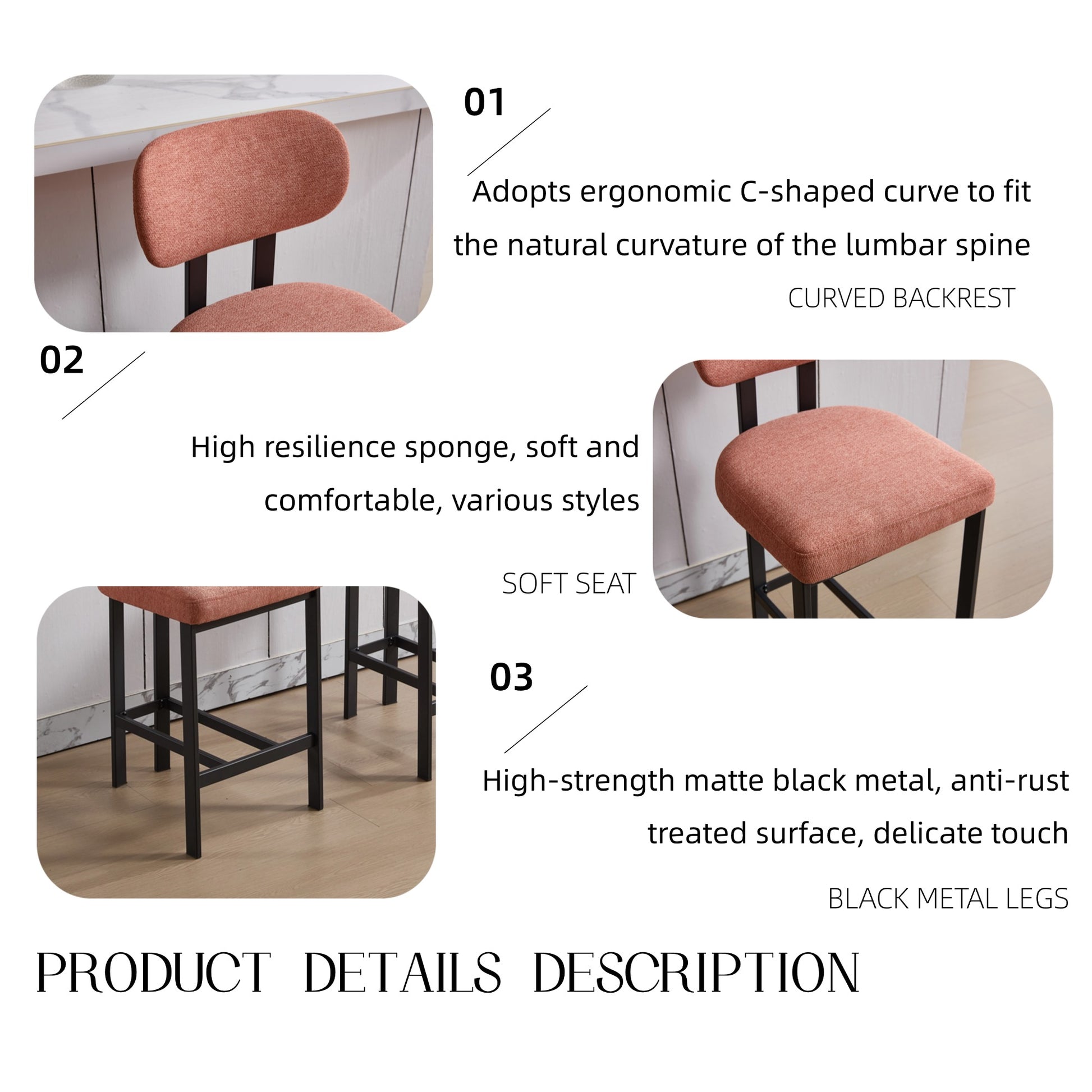 Bar Stools Set Of 2, 26 Inch Modern Upholstered Fabric Counter Height Barstools, Kitchen Island Chairs With Black Metal Legs For Dining Room Kitchen Island Bar