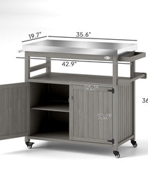 Outdoor Grill Cart W/ Stainless Steel Top, Solid Wood Outdoor Kitchen Island W/ Wheels, Storage Cabinets, Gray