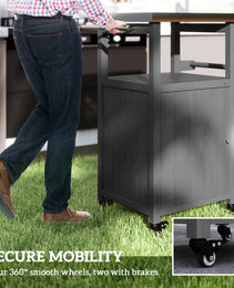 Outdoor Grill Cart with Stainless Steel Top, Solid Wood Outdoor Kitchen Island with Wheels, Integrated Hole, Dark Gray