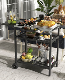2-Tier Shelf Outdoor Bar Cart, Stainless Steel Tabletop Patio Serving Cart with Accessories for Poolside, Garden, Black