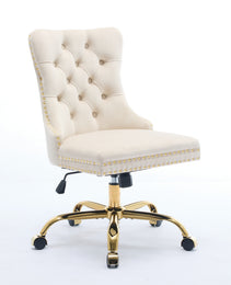 A&A Furniture Office Chair,Modern Velvet Upholstered Tufted Button Home Office Chair With Golden Metal Base,Adjustable Desk Chair Swivel Office Chair Beige