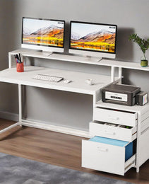 63 Inch Computer Desk With File Drawer Cabinet, Ergonomic Office Desk With Monitor Stand, Computer Table With Printer Space, Wood PC Table Workstation Desk