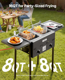 Outdoor Propane Deep Fryer, Dual-Tank 8QTx2 Commercial Fryer, Stainless Steel Cooker With Foldable Platform, Dual Basket, And Heat Adjustment, Floor Standing Fryers For Restaurant Home Snack Bar