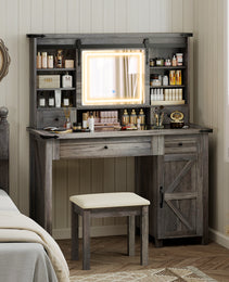 Vanity Desk Set With Mirror And Lights, Cushioned Stool, Storage Drawer, Cabinet, Shelves For Bedroom, Gray - CJDS