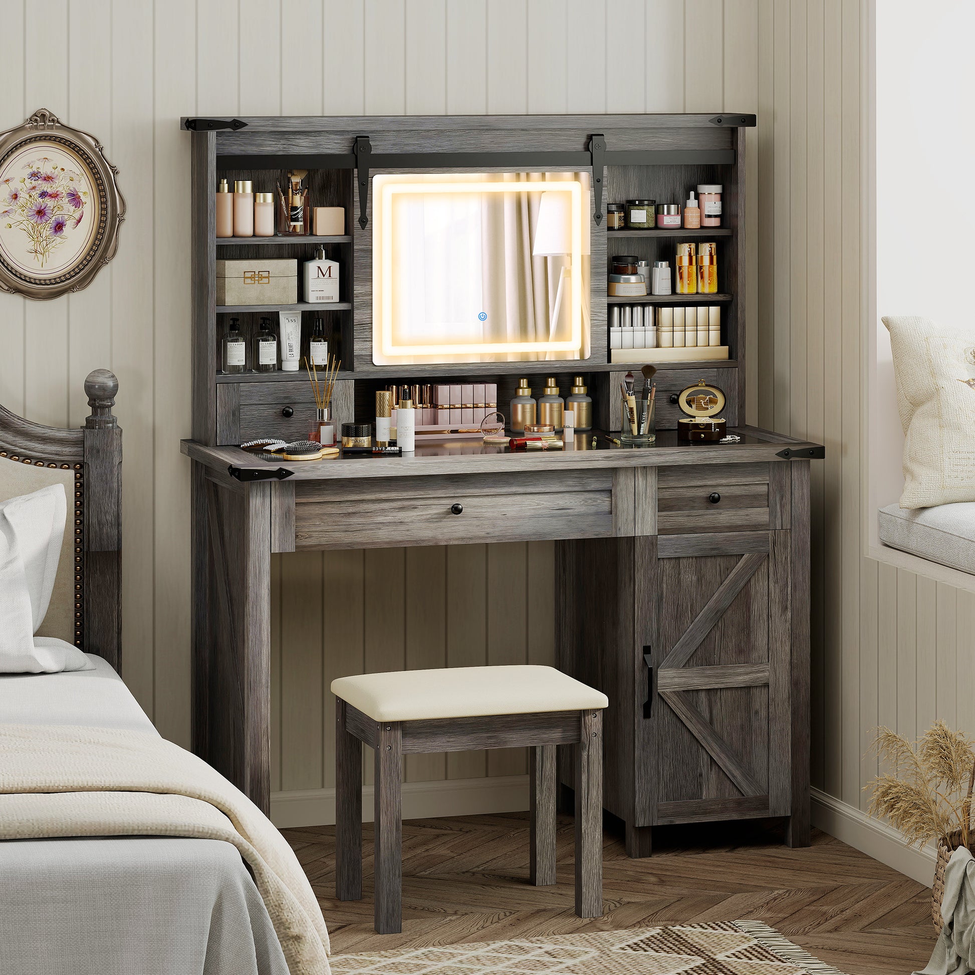Vanity Desk Set With Mirror And Lights, Cushioned Stool, Storage Drawer, Cabinet, Shelves For Bedroom, Gray - CJDS