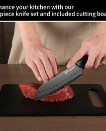 16 Pieces Kitchen Knife Block Set With Cutting Board, German Stainless Steel Knife Set With Sharpener, Dishwasher Safe, Anti-Slip Handle, 6 Steak Knives, Black