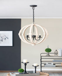 6 - Light Wood Chandelier With Adjustable Chain