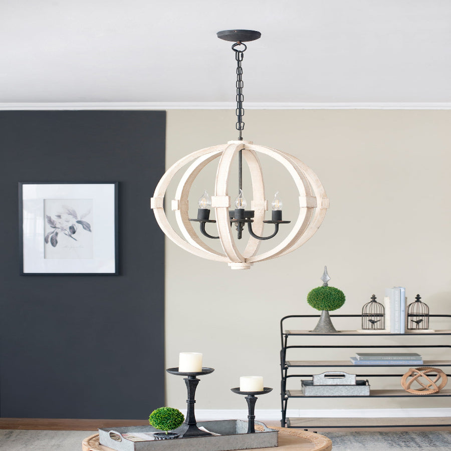 6 - Light Wood Chandelier With Adjustable Chain