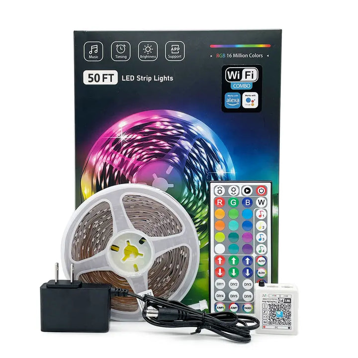 KEXU Wifi Smart LED Strip Lights - Voice Control RGB Ambient Colored LED Strip Lighting, Alexa & Google Assistant Compatible, Music Sync, Remote-Controlled Indoor House Decor Lights for Dorm Room, Living Room