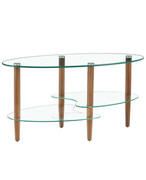 Transparent Oval Glass Coffee Table Modern Table Wood Leg Tea Table 3-layer