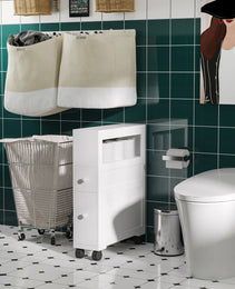 6.25" x 20.5" x 28.25" Wood Rolling Narrow Bathroom Side Storage Cabinet - White