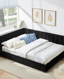 Full Size Upholstered Tufted Bed Frame, Sofa Bed Frame With Comfortable Backrest And Armrests, Full Size Bed For Bedroom, Living Room,Velvet-Black 81x60x29.5