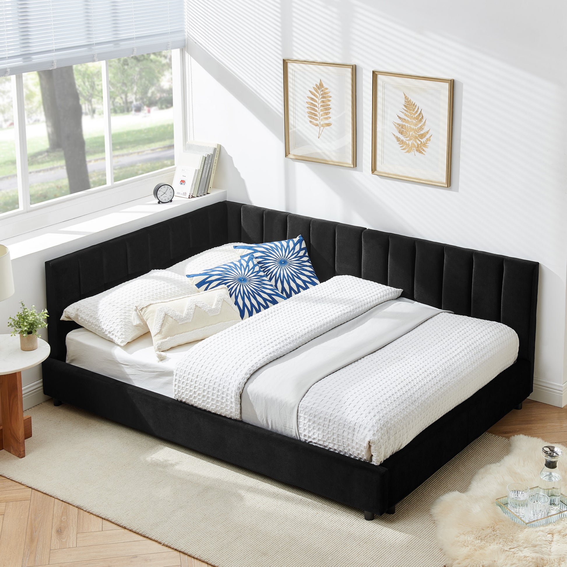 Full Size Upholstered Tufted Bed Frame, Sofa Bed Frame With Comfortable Backrest And Armrests, Full Size Bed For Bedroom, Living Room,Velvet-Black 81x60x29.5