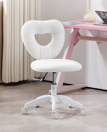 Armless Computer Desk Chair, Office Task Chair, Teddy Fleece Heart Makeup Vanity Chair with Swivel Wheels, White