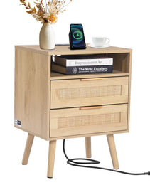 Rattan Nightstand, Boho Bedside Table With Open Shelf 2 Drawers, Rattan End Table Nightstand With Solid Wood Legs, Rattan Bedside Table With Charging Station, For Bedroom, Study & Living Room