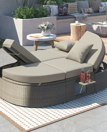 TOPMAX Outdoor Sun Bed Patio 2-Person Daybed With Cushions And Pillows, Rattan Garden Reclining Chaise Lounge With Adjustable Backrests And Foldable Cup Trays For Lawn,Poolside, Gray