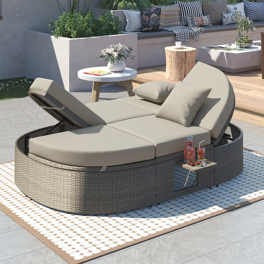 TOPMAX Outdoor Sun Bed Patio 2-Person Daybed With Cushions And Pillows, Rattan Garden Reclining Chaise Lounge With Adjustable Backrests And Foldable Cup Trays For Lawn,Poolside, Gray