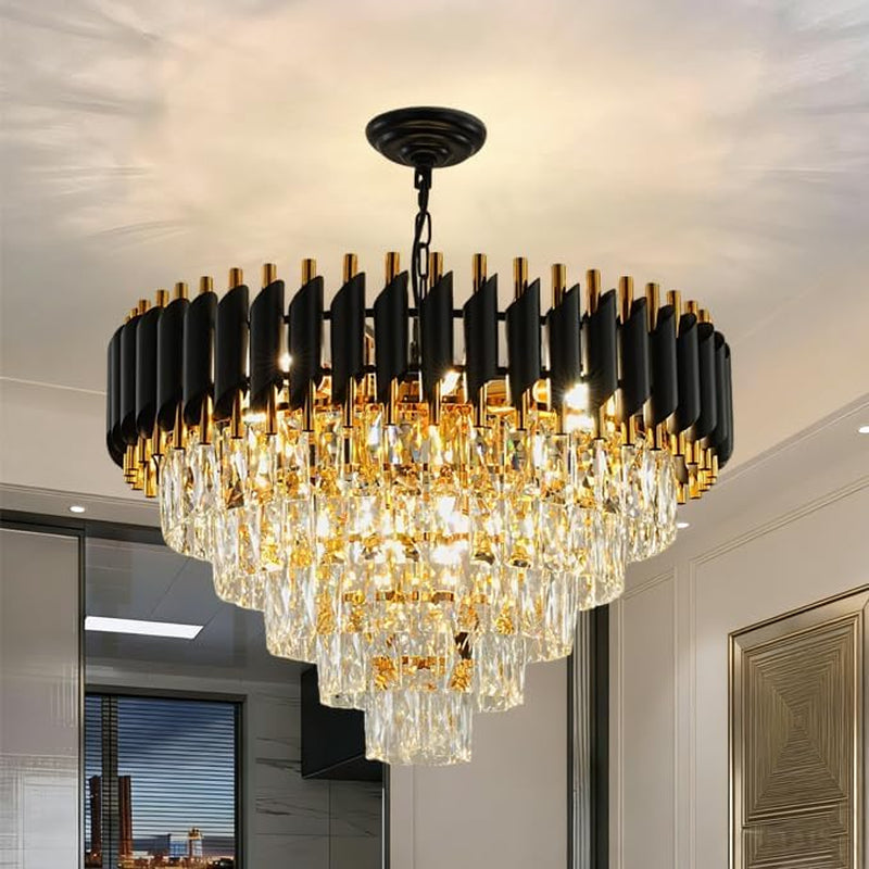 Black and Gold Crystal Chandelier, 24 Inch Black Chandelier Pendant Light 5-Tier with K9 Crystals Chandeliers for Dining Room, Bedroom, Kitchen Island, Entryway