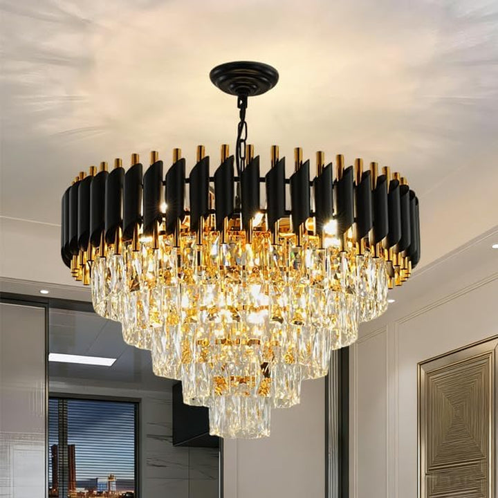 Black and Gold Crystal Chandelier, 24 Inch Black Chandelier Pendant Light 5-Tier with K9 Crystals Chandeliers for Dining Room, Bedroom, Kitchen Island, Entryway